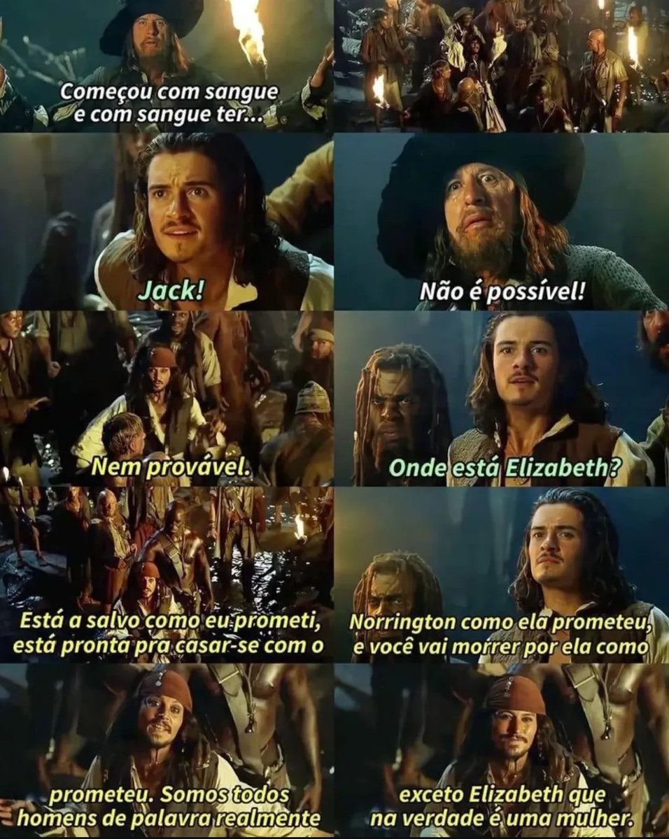 Quando você promete que vai resolver tudo, mas no fim das contas quem resolve é ela.

Jack Sparrow sempre entregando verdades inesperadas!

#QuartaCinéfila #CineRetrô #PiratasDoCaribe #MemesDeFilme #CinemaNostalgia #FilmeClássico #Anos2000