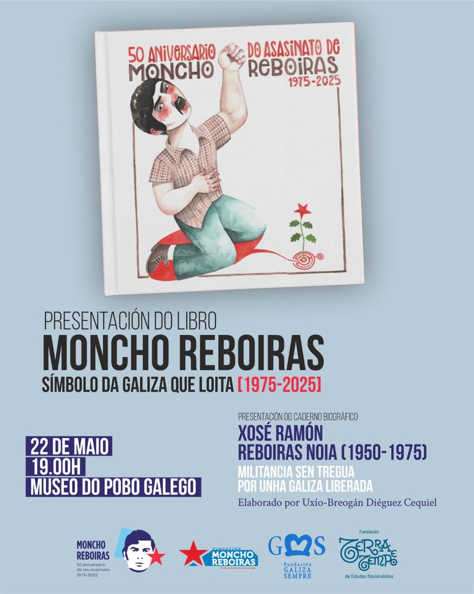 Museo do Pobo Galego (@museodopobo) on Twitter photo Este xoves preséntase no #MuseodoPoboGalego o libro "Moncho Reboiras. Símbolo da Galiza que loita".
Unha obra que fai parte das actividades impulsadas por <a href="/iterraetempo/">Terra e Tempo</a>, #FundaciónMonchoReboiras e <a href="/galizasempre/">Galiza Sempre</a> para difundir a figura de Reboiras.
🕖 Xoves, 22 de maio, ás 19 h Este xoves preséntase no #MuseodoPoboGalego o libro "Moncho Reboiras. Símbolo da Galiza que loita".
Unha obra que fai parte das actividades impulsadas por <a href="/iterraetempo/">Terra e Tempo</a>, #FundaciónMonchoReboiras e <a href="/galizasempre/">Galiza Sempre</a> para difundir a figura de Reboiras.
🕖 Xoves, 22 de maio, ás 19 h