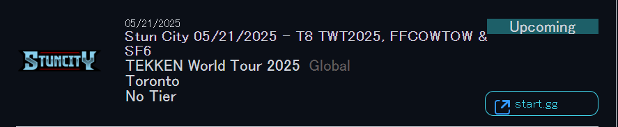 Stun City tonight will be your last chance for Combo Breaker practice. 

T8 is TWT Dojo as well. Try to get there before 7p.
SF6 and FFCOWTOW will run off stream tonight.

Register: start.gg/tournament/stu…

#TorontoFGC #TTTCommunity