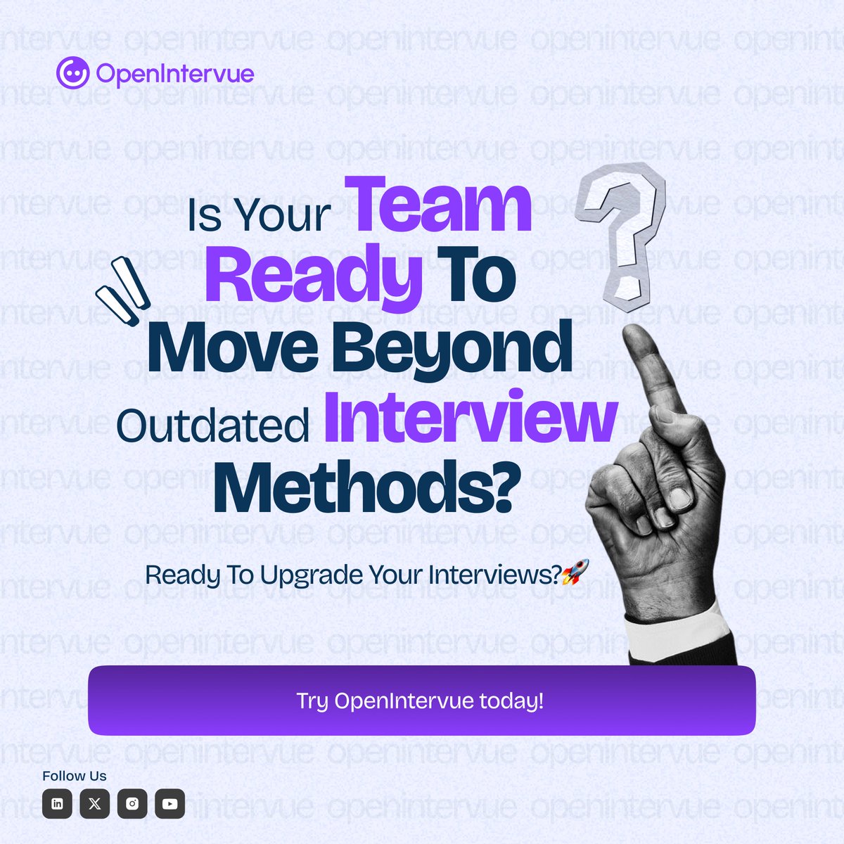 It's time for a smarter shift!!
With OpenIntervue, automate your interviews, eliminate bias, and discover top talent—without the guesswork. Our AI-powered platform streamlines every step of the hiring journey, so your team can focus on what really matters.