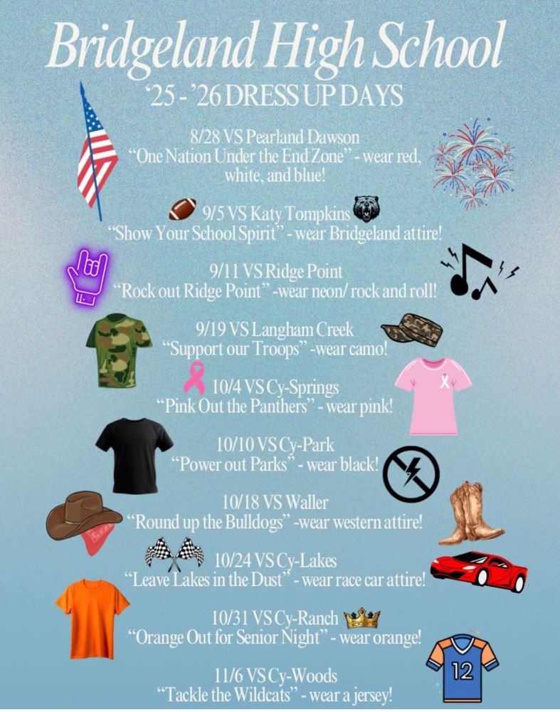 🎉🏈 Get hyped — it’s time to show your SPIRIT! 🏈
Each game this season has its own theme, and we’re bringing the energy all day long on campus before kickoff!

Let’s pack the halls with spirit and the stands with pride. 

#GameDaySpirit #DressUpDays #SchoolPride