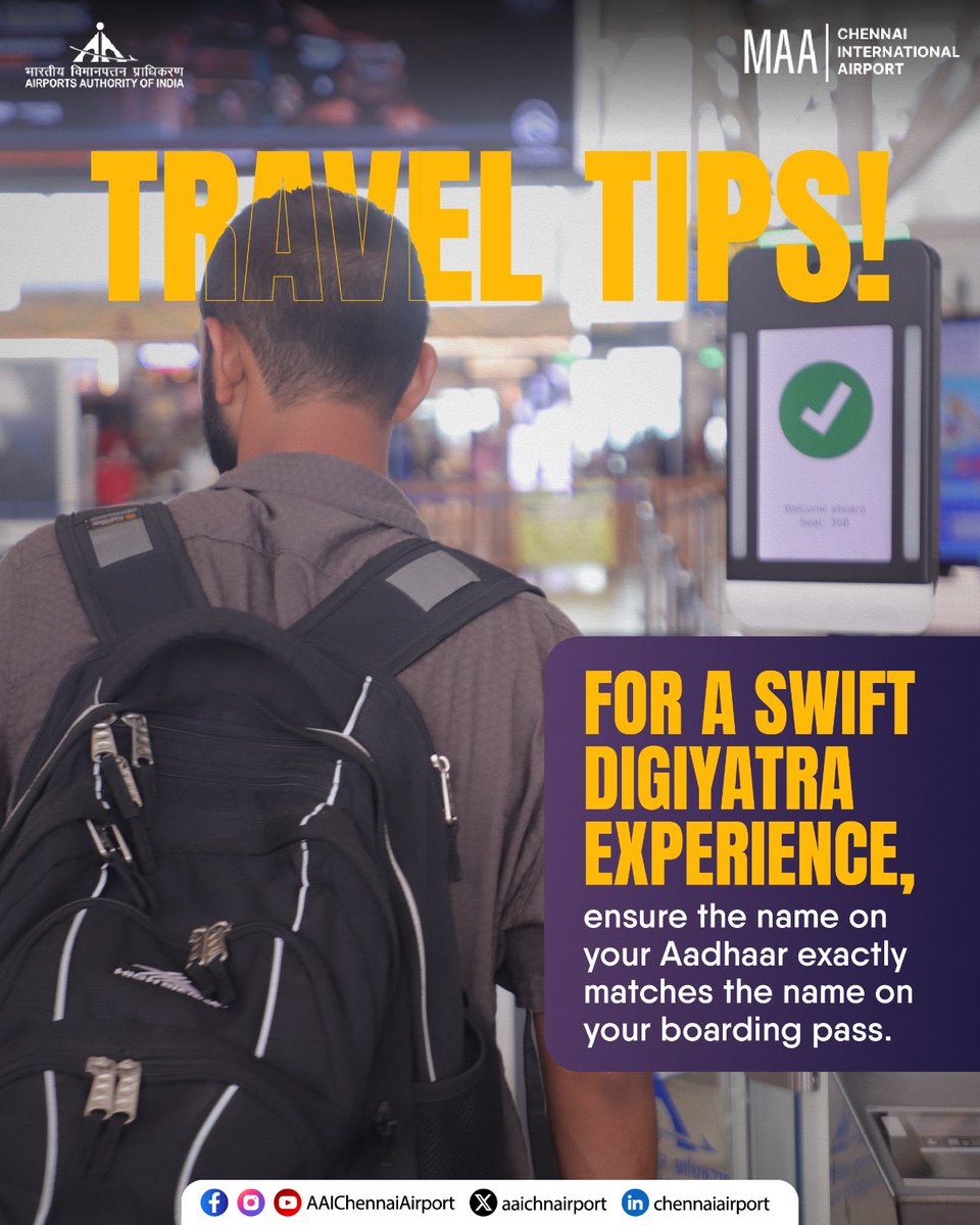Using #DigiYatra? It’s super easy and fast! Just make sure the name on your Aadhaar matches your boarding pass. Skip the queues and enjoy an effortless airport experience.

<a href="/MoCA_GoI/">MoCA_GoI</a> | <a href="/AAI_Official/">Airports Authority of India</a>