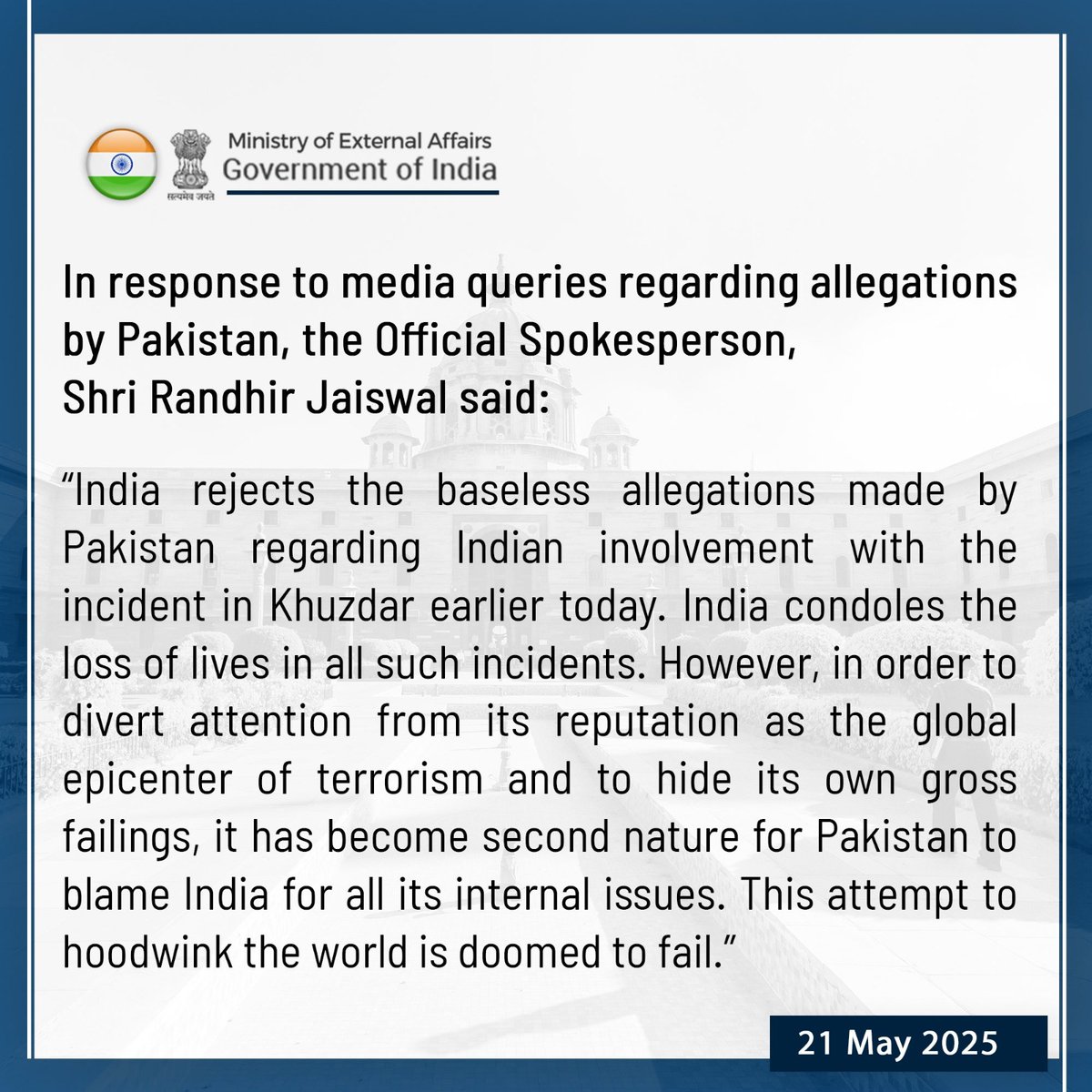 UpendrraRai's tweet photo. India slams #Pakistani media reports of #IndianInvolvement in the #Khuzdar incident. @MEAIndia https://t.co/z5irKVvbDk