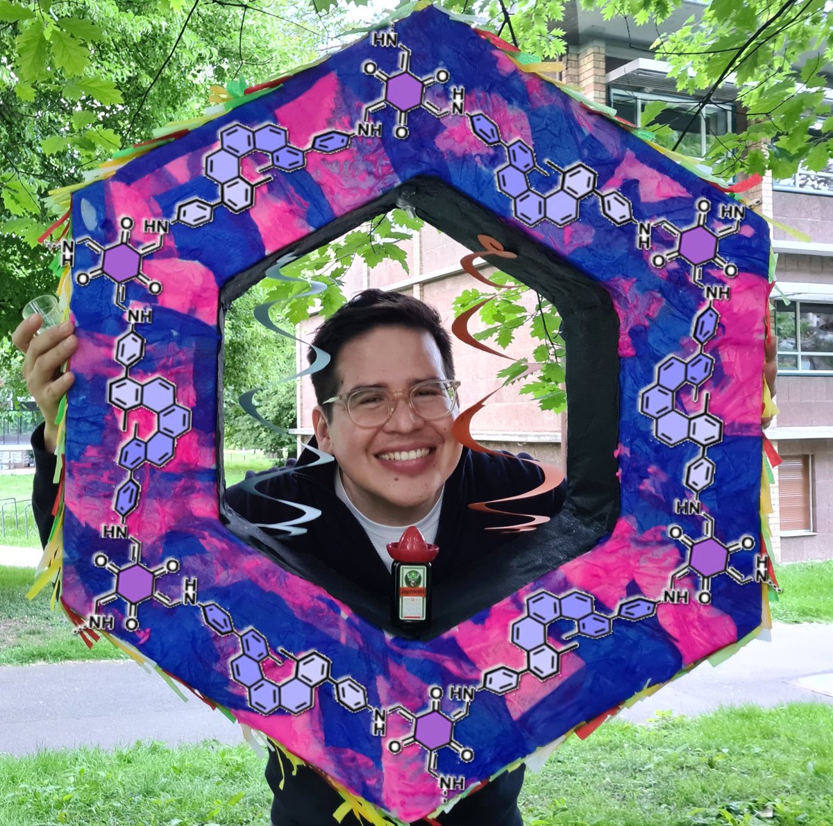 DumeleLab's tweet photo. Homochiral versus Racemic Helicene-based COFs, out in @J_A_C_S. Great job by José, who defended his PhD the day before. He enjoyed beating his hexagonal COF-Piñata and finally made it vanish. https://t.co/MVRl8AAbDk https://t.co/56v8JKOvv3