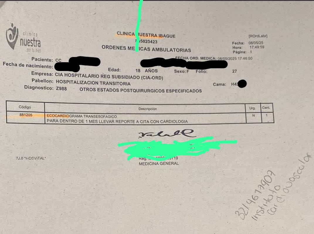 Abiliopena's tweet photo. A una jóven en Ibagué se le realizó una operación de cierre del FOP el dia 7 de mayo de 2025. Le ordenaron ecocardiograma transesofágico  y en #InstitutoCardiovascularDelTolima  le dicen que no hay agenda.  Es urgente, @EPSSaludTotal no ayuda.
@Supersalud   
@MinSaludCol https://t.co/TLGZCgeOVc