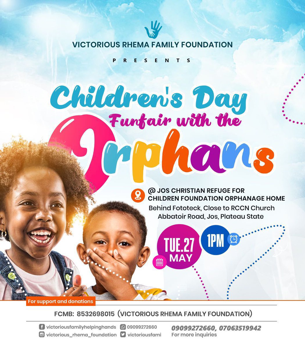 Victoriousfami's tweet photo. Calvary Greetings❤️ Children Day is in 6 DAYS💃💃💃💃💃 Please your Support,Repost and Recommendation is needed. Nothing is too small as we make 300 orphans smile together. Account details: 8532698015, FCMB, Victorious Rhema Family Foundation. God bless you. https://t.co/14JiHTCEIs