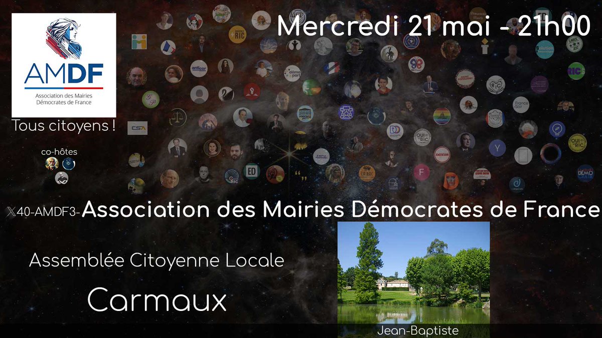 AMDF2026's tweet photo. X40-AMDF3- Les Assemblée Citoyenne Locale de Carmaux
Mercredi 21 mai 21h00-23h00
Lien : https://t.co/cgyl2H55XI

Simple citoyen apartisan de Carmaux et de ses alentours, soucieux de favoriser la démocratie participative et la démocratie directe, ainsi que de promouvoir Carmaux comme commune pacifiste et neutre, Hugues Debotte, son représentant et initiateur, nous présentera cette démarche qui va se concrétiser par un rendez-vous le 29/05/2025.
20 ans après le non à la constitution européenne, avec le soutien et les messages de Charles Gaves, Philippe Pascot et Auréline Fontaine, cette journée marquera le début d’un engagement sans précédent au sein de la commune de Carmaux, située dans le département du Tarn, en région Occitanie, et d’une population de près de 10 000 habitants.
Le projet peut se résumer dans les points suivants :
- Organiser des assemblées de citoyens pour analyser les problèmes de base non résolus (nutrition, santé, connaissance du droit, analphabétisme, isolement),
- Trouver des solutions à partir de ce qui existe, sinon construire les alternatives manquantes.
- Se former à la démocratie directe, pour, entre autre, être capables de participer directement à la rédaction de la prochaine Constitution, puis des lois (article 6 de la DDHC de 1789), et ce en application des recommandations du Conseil de l’Europe,
- Organiser un plébiscite autoorganisé (ou référendum local, légal et symbolique) invitant les Carmausins à faire de Carmaux une commune symboliquement pacifiste et neutre,
- Procéder à la reconnaissance des autres assemblées citoyennes locales voisines ou plus éloignées.

DDs et l’AMDF commence leur Tour de France des communes démocrates…
https://t.co/aYLjgK3EWy
https://t.co/ud6TWvxcaG