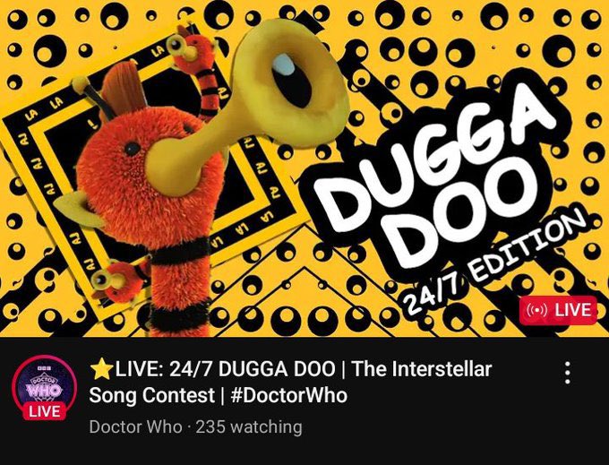 SafeSpaceDrWho's tweet photo. A 24 hour loop of Dugga Doo is available everyone !!!! 

I can’t 😭

#DoctorWho https://t.co/4kZZv1N8pY
