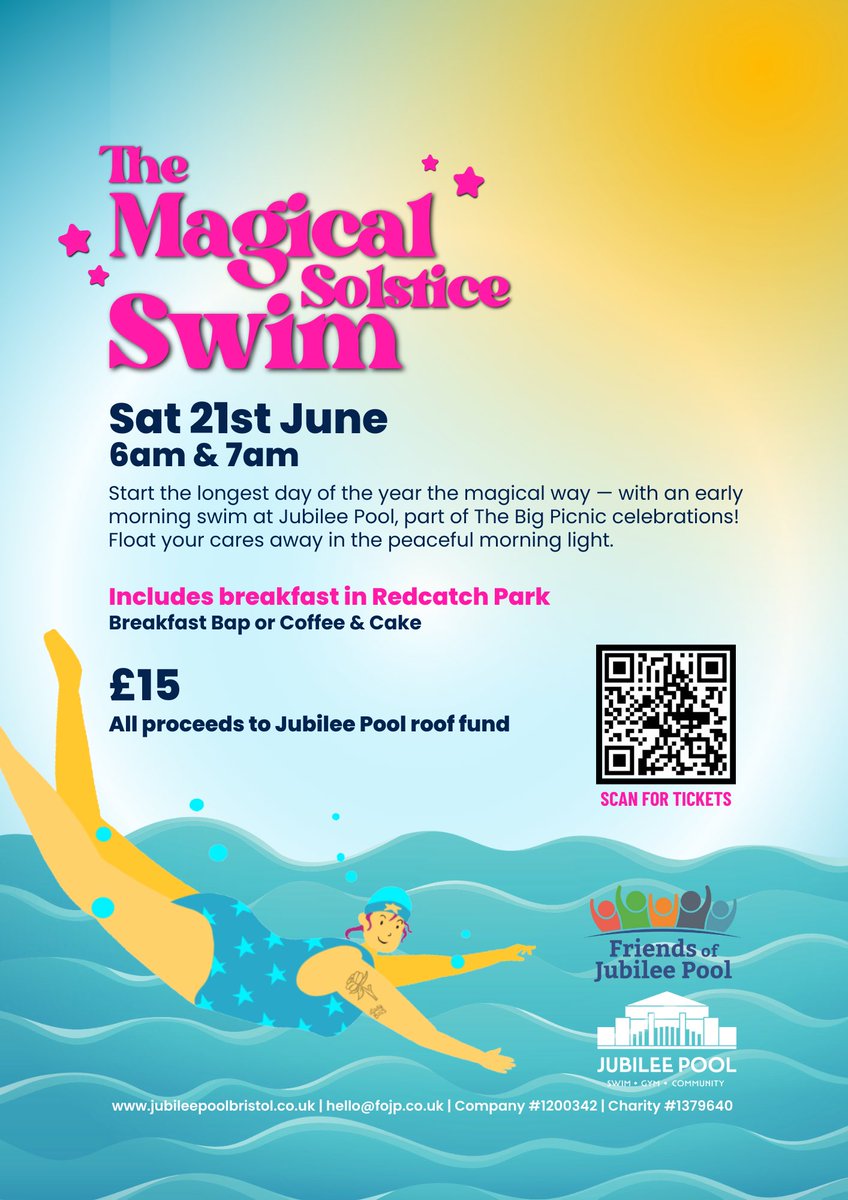 Celebrate the summer solstice with an early morning swim followed by breakfast at The Big Picnic in Redcatch Park on 21 June.  Click link for tickets 💙

buytickets.at/friendsofjubil…