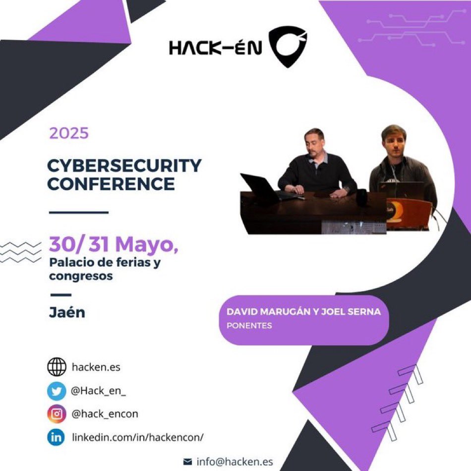 📢 Un placer volver un año más a <a href="/Hack_en_/">Hack-én</a> . Estaremos <a href="/JoelSernaMoreno/">Joel Serna Moreno</a> y un servidor dando una charla títulada: 𝐏𝐚𝐠𝐞𝐫𝐬 𝐁𝐨𝐝𝐲-𝐓𝐫𝐚𝐩𝐩𝐞𝐝: 𝐑𝐅 𝐲 𝐯𝐮𝐥𝐧𝐞𝐫𝐚𝐛𝐢𝐥𝐢𝐝𝐚𝐝𝐞𝐬 𝐞𝐧 𝐥𝐚 𝐜𝐚𝐝𝐞𝐧𝐚 𝐝𝐞 𝐬𝐮𝐦𝐢𝐧𝐢𝐬𝐭𝐫𝐨 𝐞𝐧 𝐥𝐨𝐬 𝐜𝐨𝐧𝐟𝐥𝐢𝐜𝐭𝐨𝐬
