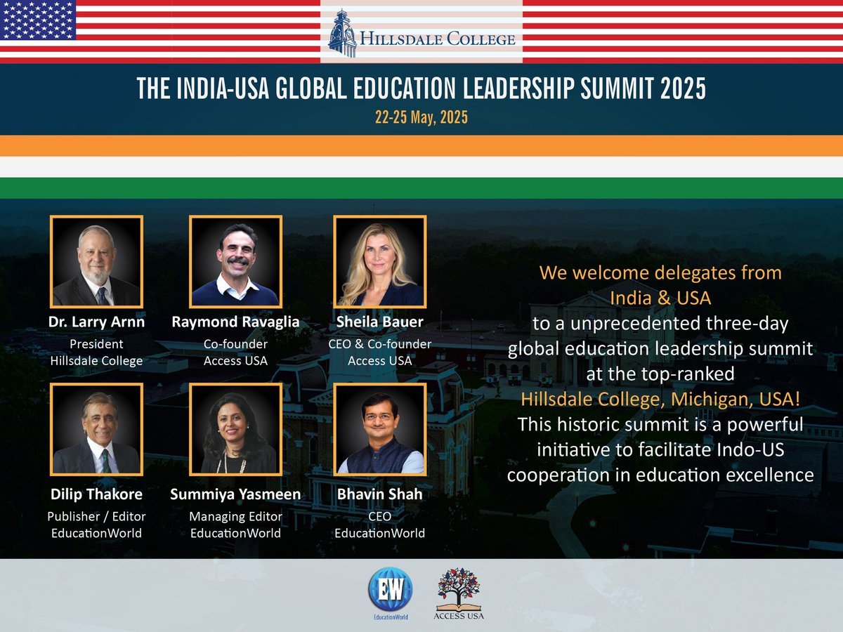 EWPortal's tweet photo. The India-USA Global Education Leadership Summit 2025 will take place at the highly respected Hillsdale College, Michigan, from May 22 to 25. It will bring together leading educators from India and the USA for a special three-day event.
#EducationWorld #IndoUSPartnership https://t.co/kb6R4SCSZR