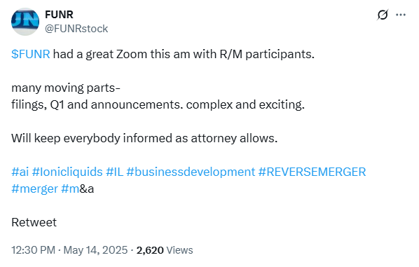 Aquahoya's tweet image. $FUNR **Official Announcement Friday** 🚨#reversemerger #news 🚨. Potential Super 8K. We will see, but what we know is, 

- $220,000 debt GONE
- Loans Paid off or Forgiven
- AI Quantum Computing sector / Ionic Liquids
- Reverse Merger
- DTC 1,600,000,000
- No dilution