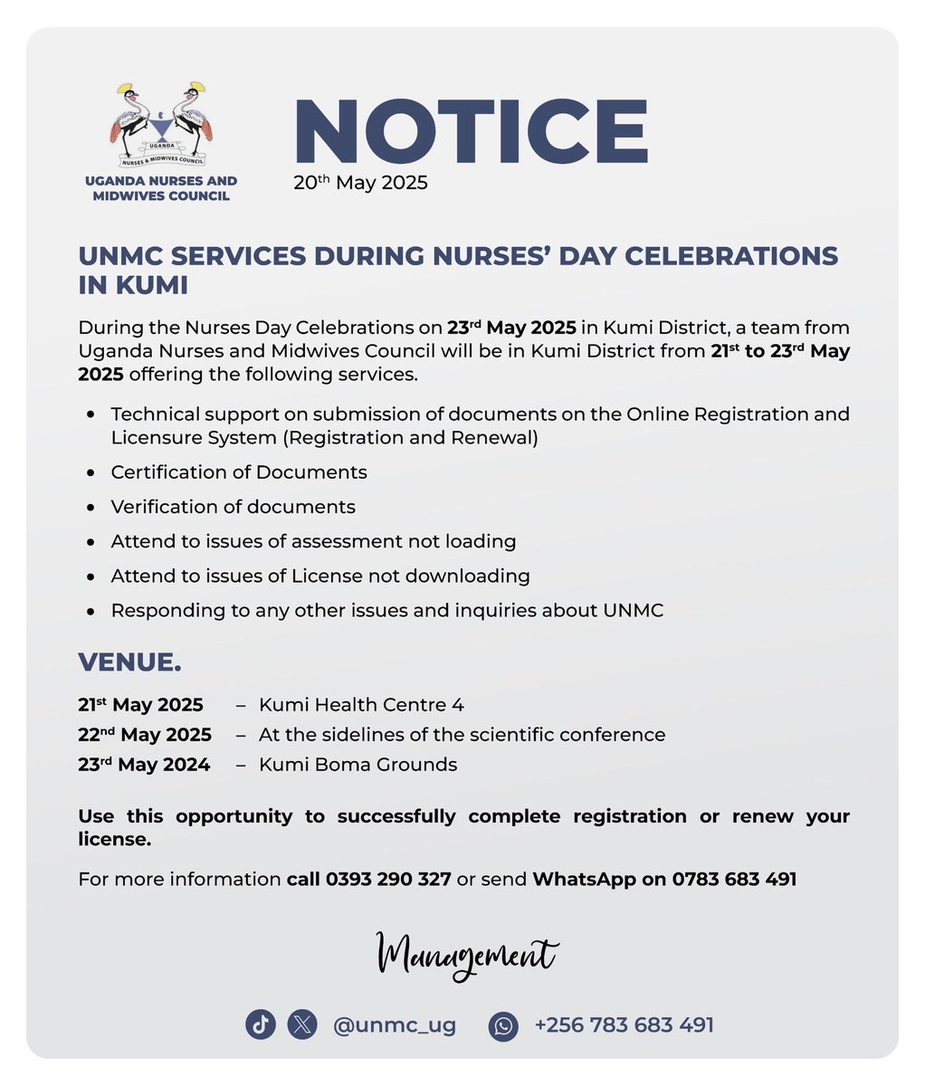 Our team is already in Kumi District ahead of the belated Nurses Day Celebration slated for 23th May 2025. 
We are supporting Nurses and Midwives to successfully register and renew their licenses. 
Don’t miss this opportunity!