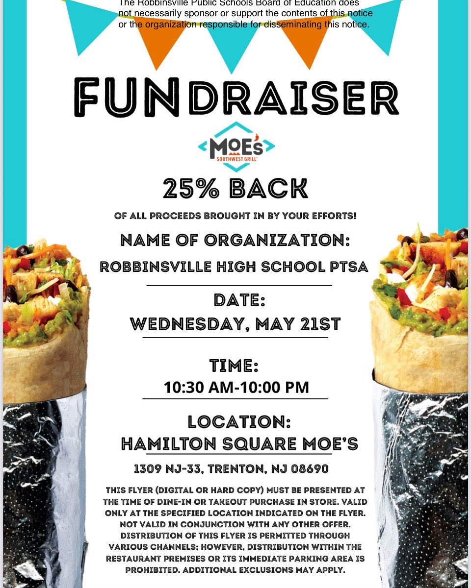 RHS PTSA RESTAURANT FUNDRAISER

🚨TODAY‼️

♦️Wednesday 5/21
♦️10:30am-10:00pm
♦️Moe’s
♦️1309 Rt 33 Hamilton Square