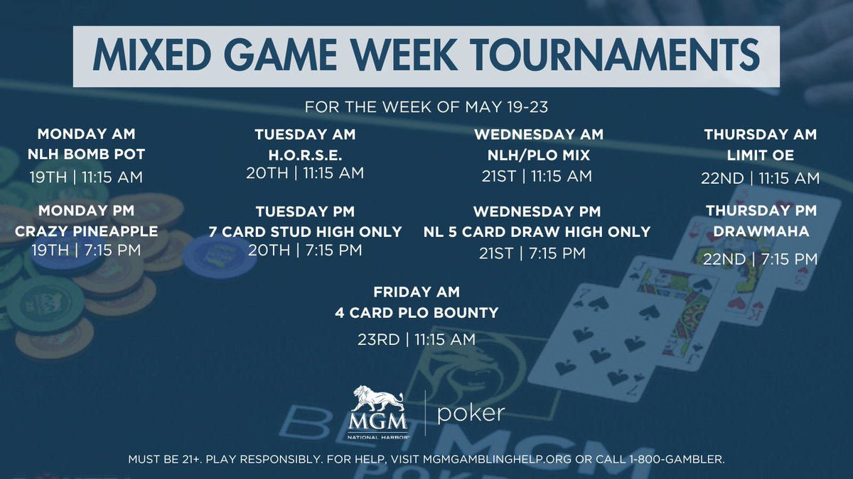 TDPat22's tweet photo. Our #MixedGame week continues @MGMNH_Poker today!

11:15AM: $200 #NLH/PLO Mix 3K GTD

♠️❤️♣️♦️

7:15PM:  $200 NL 5 Card Draw 3K GTD https://t.co/ijVde4DeUi