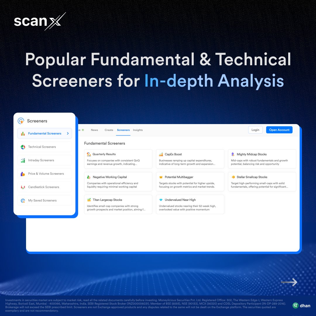 scanx_trade's tweet photo. Finding market opportunities just got easier!

ScanX lets you screen, analyze &amp; execute in one place

- Create Custom Screeners with 200+ Filters
- Explore Popular Fundamental &amp; Technical Screeners &amp; more