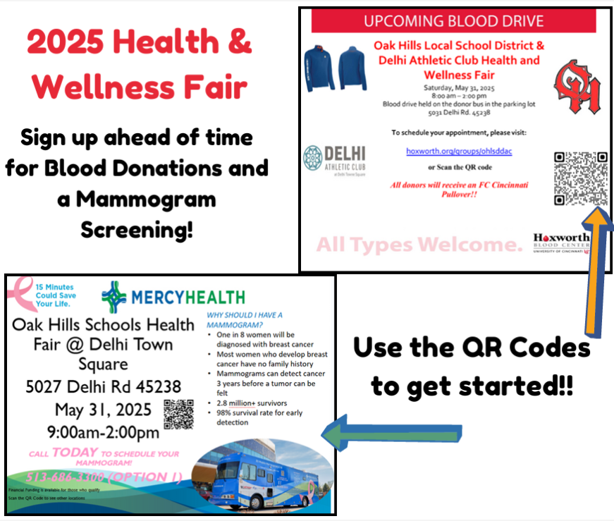 OHLSD's tweet photo. The Oak Hills Local School District and the Delhi Athletic Club are partnering together to  present the 2025 Health &amp; Wellness Fair on Saturday, May 31 from 10 a.m. to 2 p.m. at Delhi Towne Square. Please see the photos on this post for details. https://t.co/fbUBMDrEVc