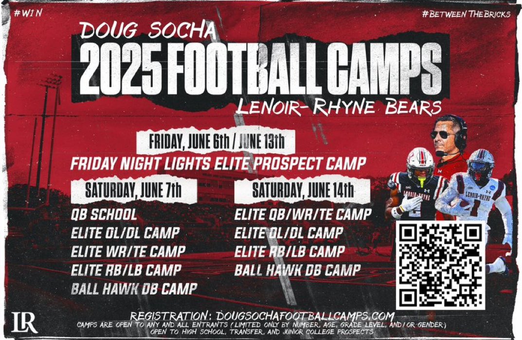 Just over 2 weeks away! Do not miss out on an opportunity to camp with the Bears this summer. Join us the first two weekends of June at our Friday Night Lights Elite Prospect Camp or one of our position specific camps on Saturday morning! 🧱🐻🧱

🔗: dougsochafootballcamps.com