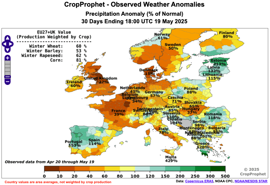 CropProphet's tweet photo. 🌾Dry #agwx impacting winter wheat in France and Europe
Over the past 30 days, the France winter wheat production-weighted precip has been just 39% of normal—right as crops enter grain fill, the most water-sensitive stage!
#oatt #France #WinterWheat #Grains #Europe #Precip https://t.co/J9aXAYe5dt