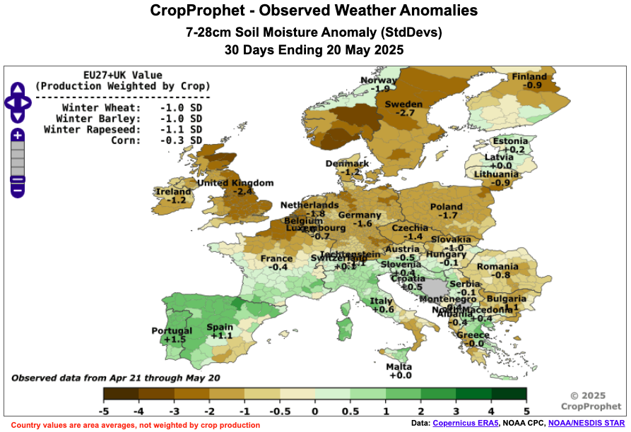 CropProphet's tweet photo. 🌾Dry #agwx impacting winter wheat in France and Europe
Over the past 30 days, the France winter wheat production-weighted precip has been just 39% of normal—right as crops enter grain fill, the most water-sensitive stage!
#oatt #France #WinterWheat #Grains #Europe #Precip https://t.co/J9aXAYe5dt