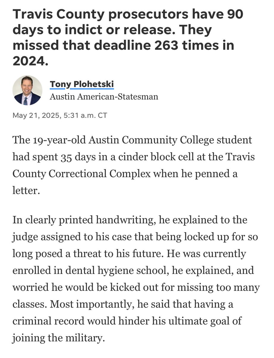 Cleo_Petricek's tweet image. WOW! 😮 Travis County prosecutors have 90 days to indict or release. They missed that deadline 263 times in 2024. 🤬🤬🤬🤬🤬🤬🤬 

A masterclass in journalism from @tplohetski 
statesman.com/story/news/loc…