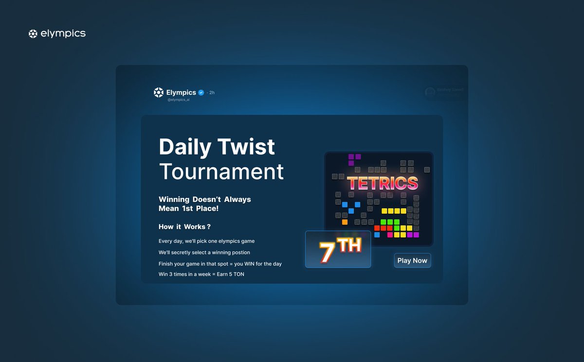 BeshoyINJ's tweet photo. Daily Twist Tournament is LIVE! 🎮

Think you need 1st place to win? Think again! 👀

- Each day, one @elympics_ai game is selected.
- A specific winning position is secretly chosen.
- If you finish the game in that exact position - you win for the day.
- Win 3 times in a single week = you earn 5 $TON!

👉 Play Now:https://t.co/EmDUMcLYze

Let’s make the daily tournament more fun! 🕹💸