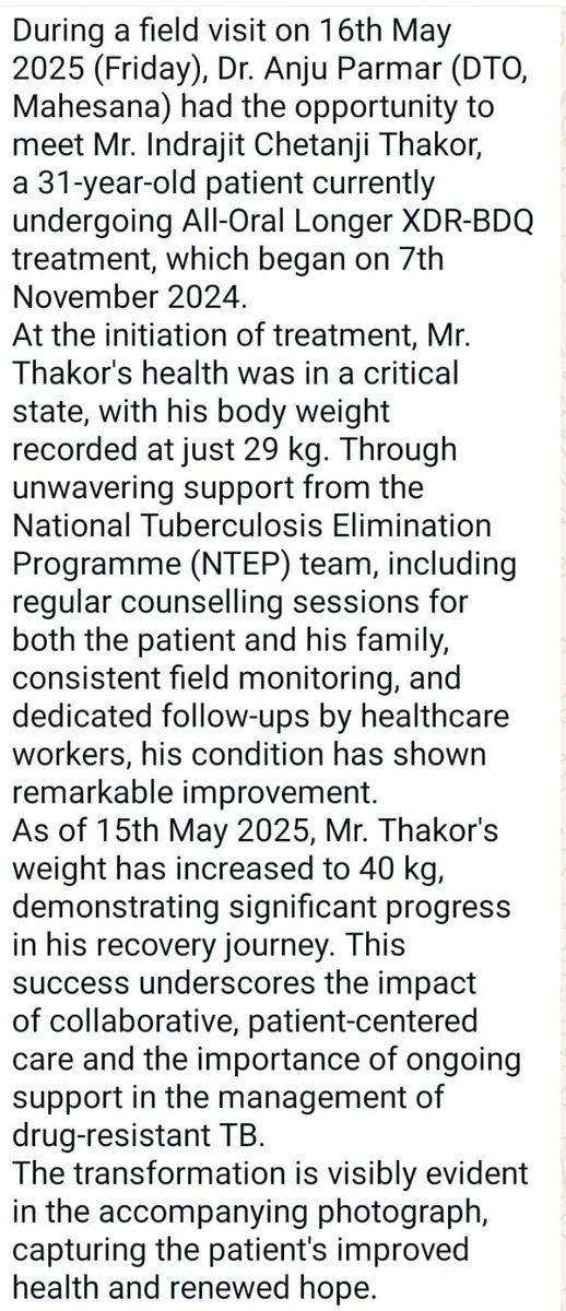 Chief District Health Office (CDHO) MEHSANA (@cdhomeh) on Twitter photo Success Story – District Mahesana
Transforming Lives Through Consistent Care: A Case from Mehsana #tbharegadeshjitega #tbmuktbharat #tb #tbmuktgujarat <a href="/CollectorMeh/">Collector Mehsana</a> <a href="/ddo_mehsana/">DDO Mehsana</a> <a href="/CMOGuj/">CMO Gujarat</a> @GujHFWDept <a href="/NHMGujarat/">NHM Gujarat</a> <a href="/Dwivedi_D/">Dhananjay Dwivedi</a> <a href="/irushikeshpatel/">Rushikesh Patel</a> <a href="/infomahesanagog/">Info Mahesana GoG</a> <a href="/InfoGujarat/">Gujarat Information</a> <a href="/NtepGuj/">TB Mukt Bharat - Gujarat</a> Success Story – District Mahesana
Transforming Lives Through Consistent Care: A Case from Mehsana #tbharegadeshjitega #tbmuktbharat #tb #tbmuktgujarat <a href="/CollectorMeh/">Collector Mehsana</a> <a href="/ddo_mehsana/">DDO Mehsana</a> <a href="/CMOGuj/">CMO Gujarat</a> @GujHFWDept <a href="/NHMGujarat/">NHM Gujarat</a> <a href="/Dwivedi_D/">Dhananjay Dwivedi</a> <a href="/irushikeshpatel/">Rushikesh Patel</a> <a href="/infomahesanagog/">Info Mahesana GoG</a> <a href="/InfoGujarat/">Gujarat Information</a> <a href="/NtepGuj/">TB Mukt Bharat - Gujarat</a>