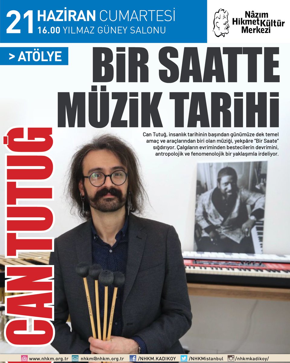 Can Tutuğ, insanlık tarihinin başından günümüze dek temel amaç ve araçlarından biri olan müziği, yekpâre “Bir Saate” sığdırıyor. Çalgıların evriminden bestecilerin devrimini, antropolojik ve fenomenolojik bir yaklaşımla irdeliyor.

NHKM-Yılmaz Güney Salonu
21 Haziran Cumartesi