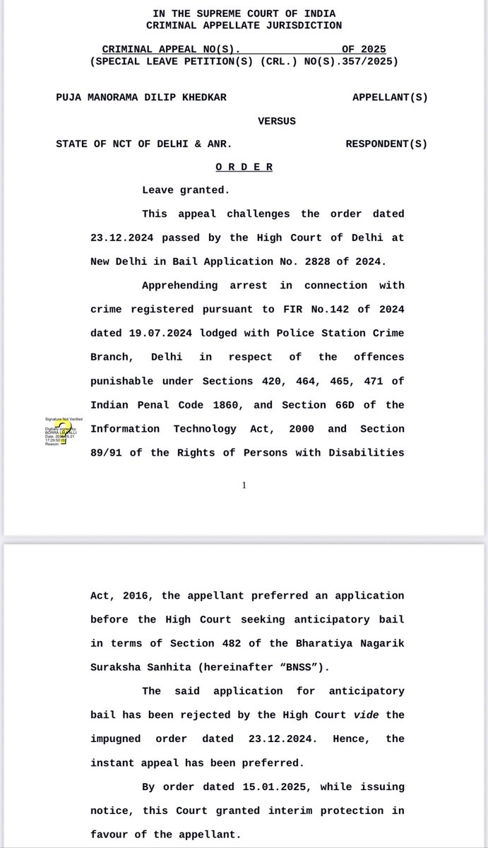 VijayKumbhar62's tweet photo. Sacked IAS trainee Puja Khedkar gets anticipatory bail from the Supreme Court!

Despite serious charges under IPC, IT Act & Disabilities Act, she walks free with ₹25,000 bail & conditions.

Justice for the powerful, delays for the truth?
#PujaKhedkar #Anticipatory_Bail #IASScam #SupremeCourt #JusticeDelayed