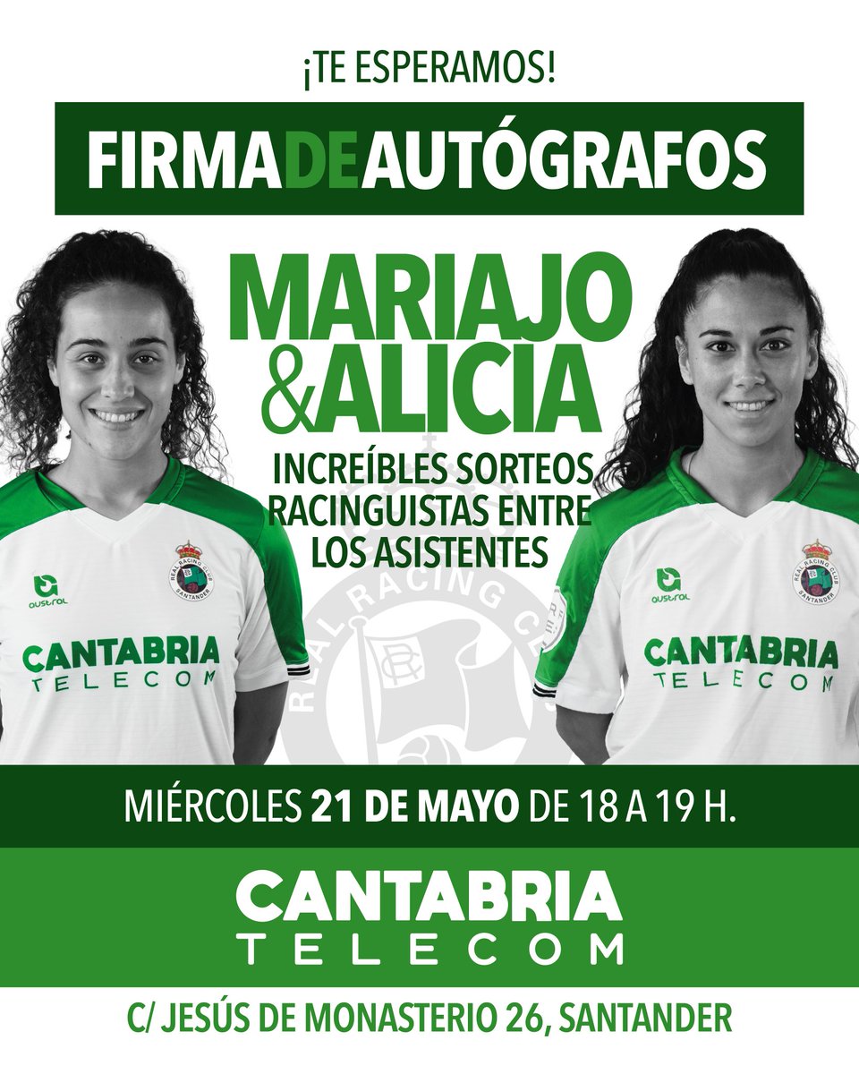 ✍️ ¡Racinguistas! Os recordamos que <a href="/mariajo9_/">Mariajo</a> y <a href="/aliiiruiz17/">Alicia Ruiz</a> os esperan de 18:00 a 19:00 horas en la firma de autógrafos organizada por Cantabria Telecom en su tienda de la calle Jesús de Monasterio 26 de Santander.

Increíbles sorteos entre los asistentes 🎁

¡Nos vemos! 💚