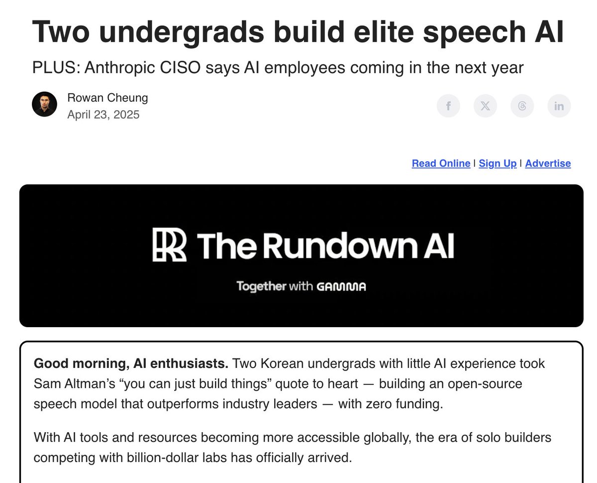 Two undergrads built an open-source speech model that outperforms industry leaders.

This will continue to happen.

Small teams will need less funding to get something going.

The barrier to entry has never been lower.