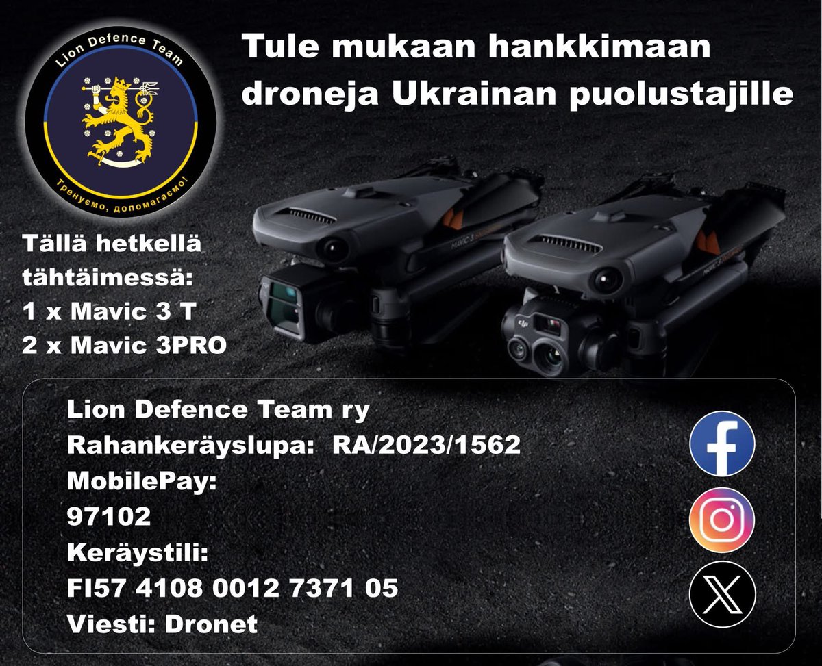 Ensimmäiset keräystuotoilla hankituista droneista lähtevät matkaan jo viikonloppuna. Saaja 3. erillisen Rynnäkköprikaatin, 1 komppanian, 2 pataljoona. 
Mavic 3 Thermo nro 81 "Bat" ja Mavic 3 Pro nro 82 "Ryyd". 
Kiitos lahjoittajille!
Paine puolustajilla kova, joten keräys jatkuu