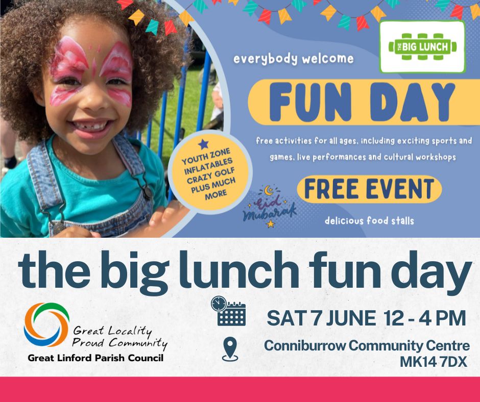 🤩 FREE FAMILY EVENT: Big Lunch Fun Day Celebration 🤩 

We are thrilled to announce the upcoming Big Lunch Fun Day Celebration at the Conniburrow Community Centre on Saturday, 7th June 2025, from 12:00 PM to 4:00 PM.

Full Info: buff.ly/CREpZQL