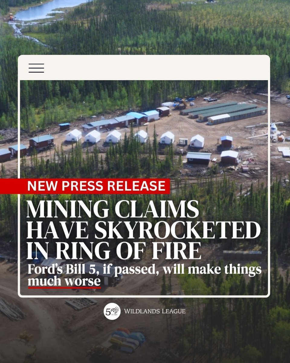 🚨 MINING CLAIMS HAVE SKYROCKETED IN RING OF FIRE — up 67% since 2022, now covering an area 14x the size of Toronto.

Ford’s #Bill5 would make it worse — creating a law-less zone, gutting environmental protections &amp; trampling Indigenous rights.

🔗 : buff.ly/oetuyl1