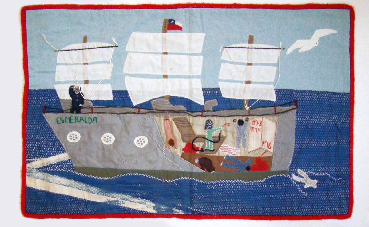 MuseoMemoriaCL's tweet photo. Arpillera “Tortura y crímenes en la Esmeralda” ⚓

En la provincia de Valparaíso, durante la dictadura la Armada empleó como lugares de reclusión, interrogatorio y/o tortura los Buques Lebu -de la Cía. Sudamericana de Vapores-, Maipo y el Buque Escuela Esmeralda.

1/9 https://t.co/MLqFtyY24i
