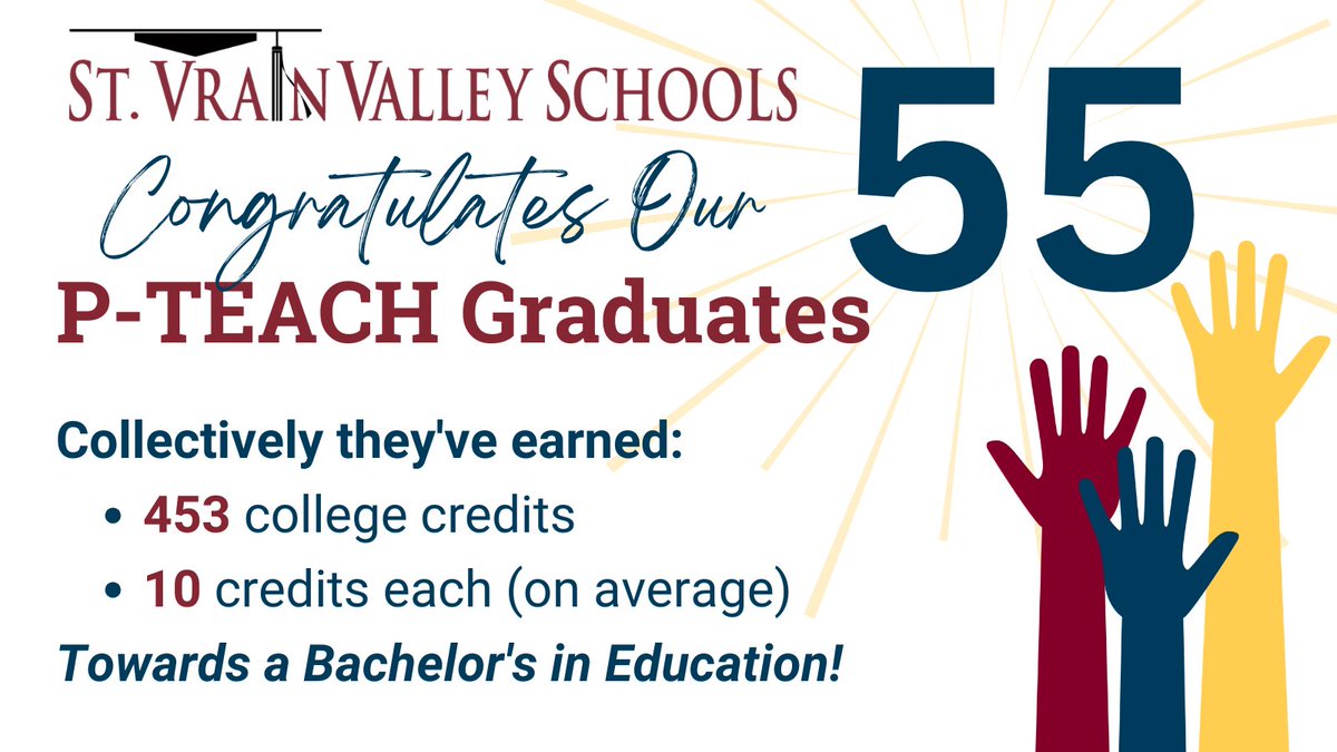Diane Lauer (@mrslauer) on Twitter photo Congratulations to St Vrain's 55 P-TEACH Seniors - You have earned a competitive advantage by earning 453 credits towards your Bachelor's in Education! #publiceducationproud #academicexcellencebydesign
@svvsd
<a href="/SVVSD/">St. Vrain Valley Schools</a>supt
<a href="/SVVSDdeputy/">Jackie Kapushion, Ed.D.</a>
#stvrainstorm Congratulations to St Vrain's 55 P-TEACH Seniors - You have earned a competitive advantage by earning 453 credits towards your Bachelor's in Education! #publiceducationproud #academicexcellencebydesign
@svvsd
<a href="/SVVSD/">St. Vrain Valley Schools</a>supt
<a href="/SVVSDdeputy/">Jackie Kapushion, Ed.D.</a>
#stvrainstorm