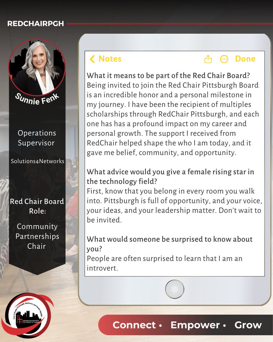 Meet Sunnie Fenk, our new Chair of Community Partnerships at Red Chair Pgh!

Once a scholarship recipient, now a board leader. Talk about full circle!

Inspired? Volunteer today!

redchairpgh.org/contact/

#RedChairPittsburgh #WomenInTech #VolunteerSpotlight #FullCircleMoment