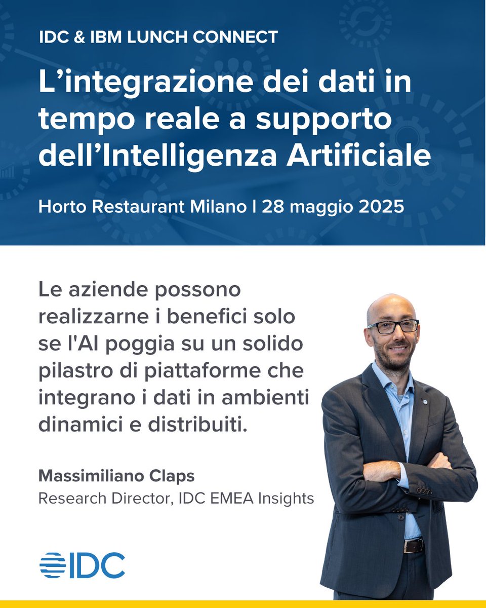 L'AI è diventata un enabler della DX, ma le aziende possono realizzarne i benefici solo se poggia su un solido pilastro di piattaforme che integrano i dati in ambienti dinamici e distribuiti.

IDC e <a href="/IBMItalia/">IBM Italia</a> ti aspettano il 28 maggio a Milano: my.idc.com/eu/events/7338…

#idc #ibm