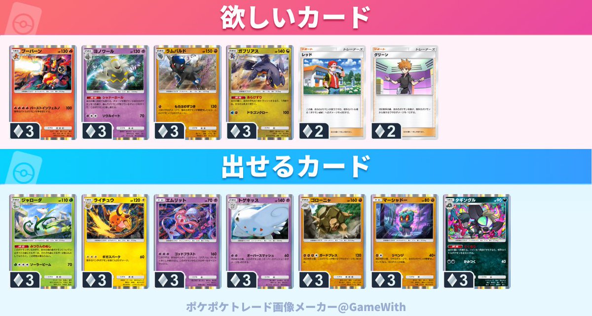 bp2ih's tweet photo. ポケポケ トレード 交換 募集

譲▷ 画像のカード

求▷ 画像のカード

♢2は基本全カードお譲り可能です👍🏻🎶
♢3は図鑑コンプの為､各一ずつ集めてます📚ᡣ𐭩
グリーン.レッドのみ無限回収中なので複数トレード大歓迎です🎀 グリーン最優先💭 https://t.co/tEAH4rMECc