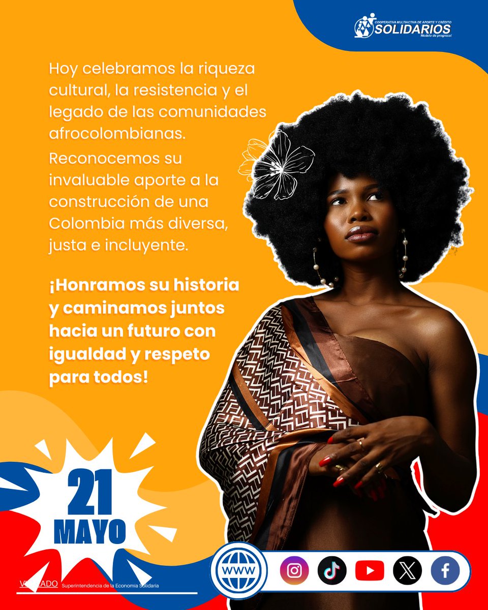 CoopSolidarios's tweet photo. Conmemoramos el Día de la Afrocolombianidad resaltando la historia, la cultura y la lucha de las comunidades afro en nuestro país.
🌍💛 Que cada día sea una oportunidad para valorar la diversidad que nos enriquece.

#Afrocolombianidad #CulturaAfro #DiversidadEsColombia #21DeMayo https://t.co/BRinjTnIEN