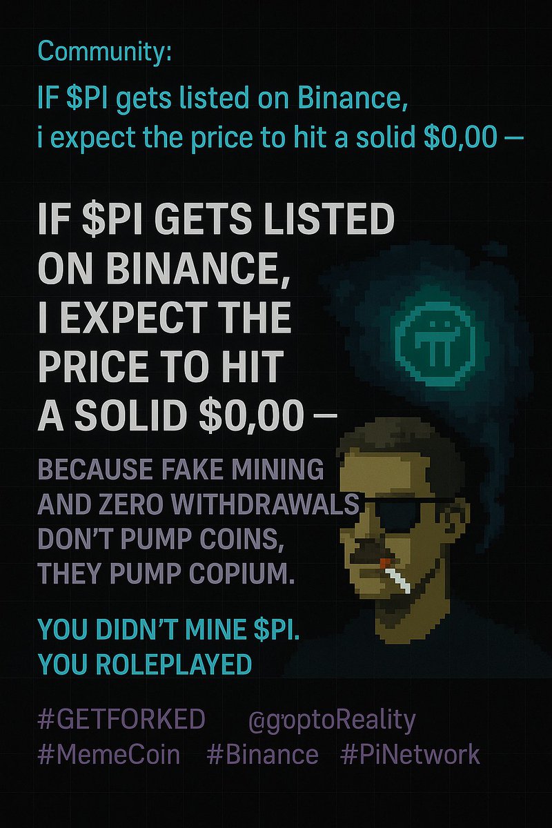 LordForklord's tweet image. If $PI gets listed on Binance, I expect the price to hit a solid $0.00 —
because fake mining and zero withdrawals don’t pump coins, they pump copium.
You didn’t mine $PI. You roleplayed.

#GETFORKED @getforkedxyz #CryptoReality #MemeCoin #Binance #PiNetwork