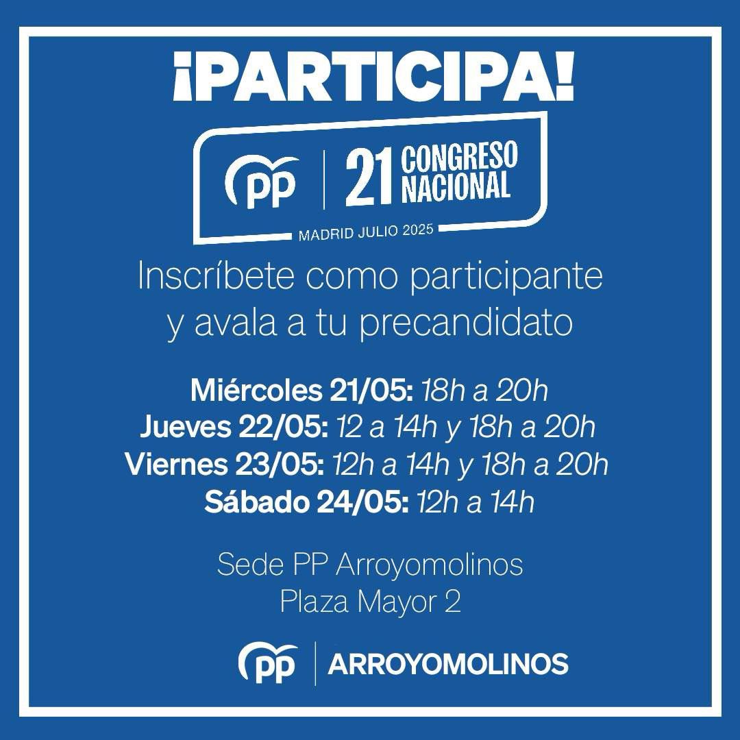 🔴 Si eres afiliado del Partido Popular de #Arroyomolinos ya puedes inscribirte para participar  en el 21 Congreso Nacional y firmar tu aval para las precandidaturas.

Si tienes cualquier duda del proceso puedes escribirnos al 📞 ￼680 88 31 42.

Os esperamos en nuestra sede