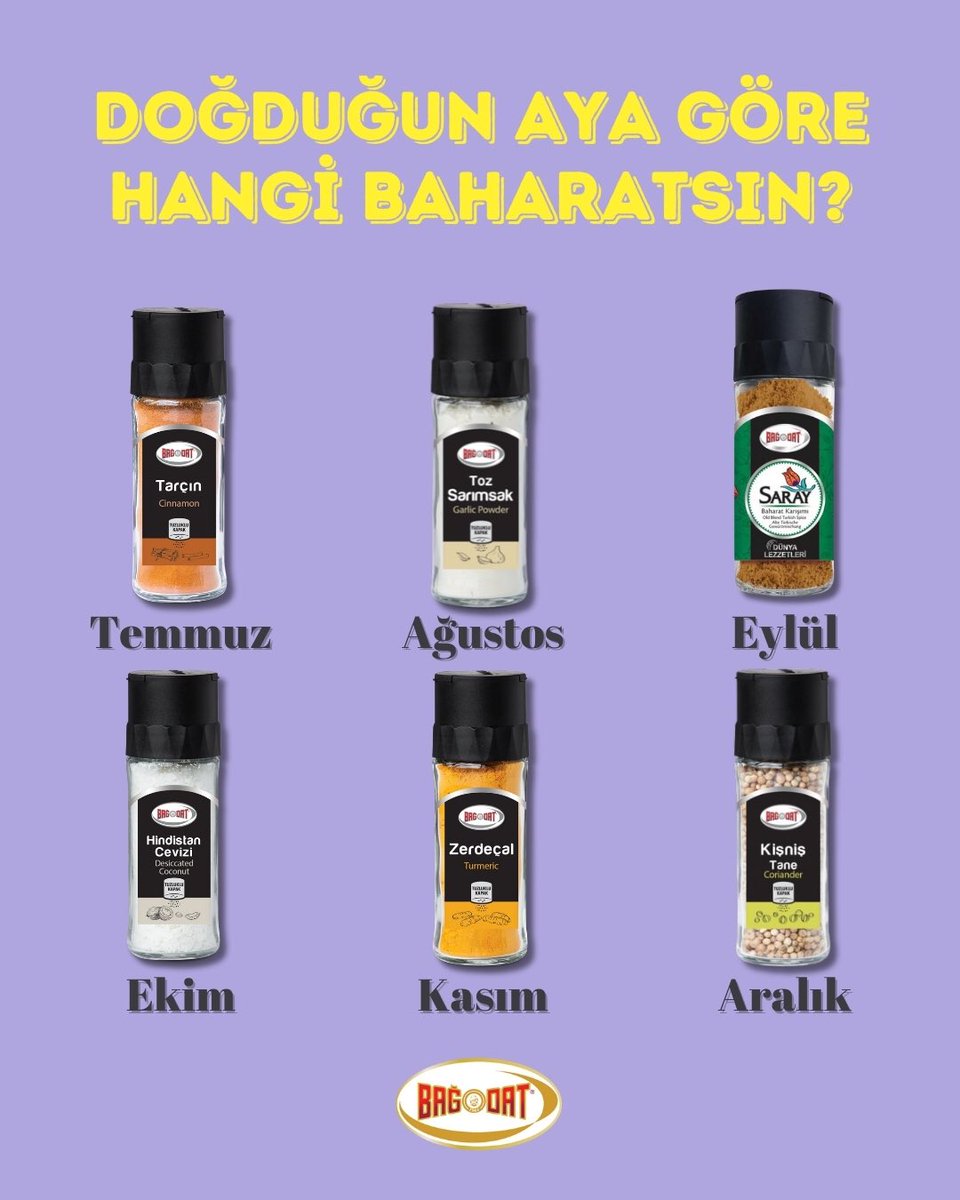 🌟 Doğduğun Aya Göre Hangi Baharatsın?

🗓️ Bakalım senin ruhunu hangi Bağdat Baharat yansıtıyor?

Yorumlarda buluşalımmm.🙃

#BağdatBaharat #BaharatGibiHayat #LezzetinKahramanı #BaharatTesti