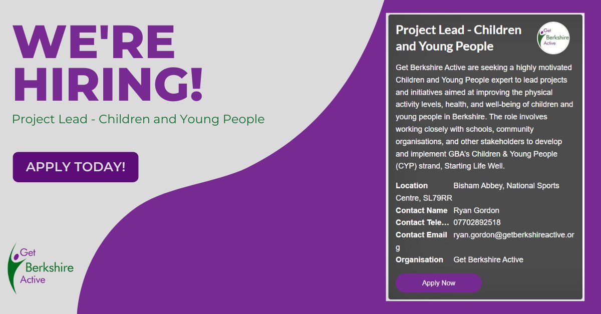We're on the lookout for a passionate &amp; motivated person to join us as Children and Young People Lead! Work on impactful projects to boost physical activity, health &amp; wellbeing and make a difference to the lives of young people across #Berkshire. For info: getberkshireactive.org/jobs/10740