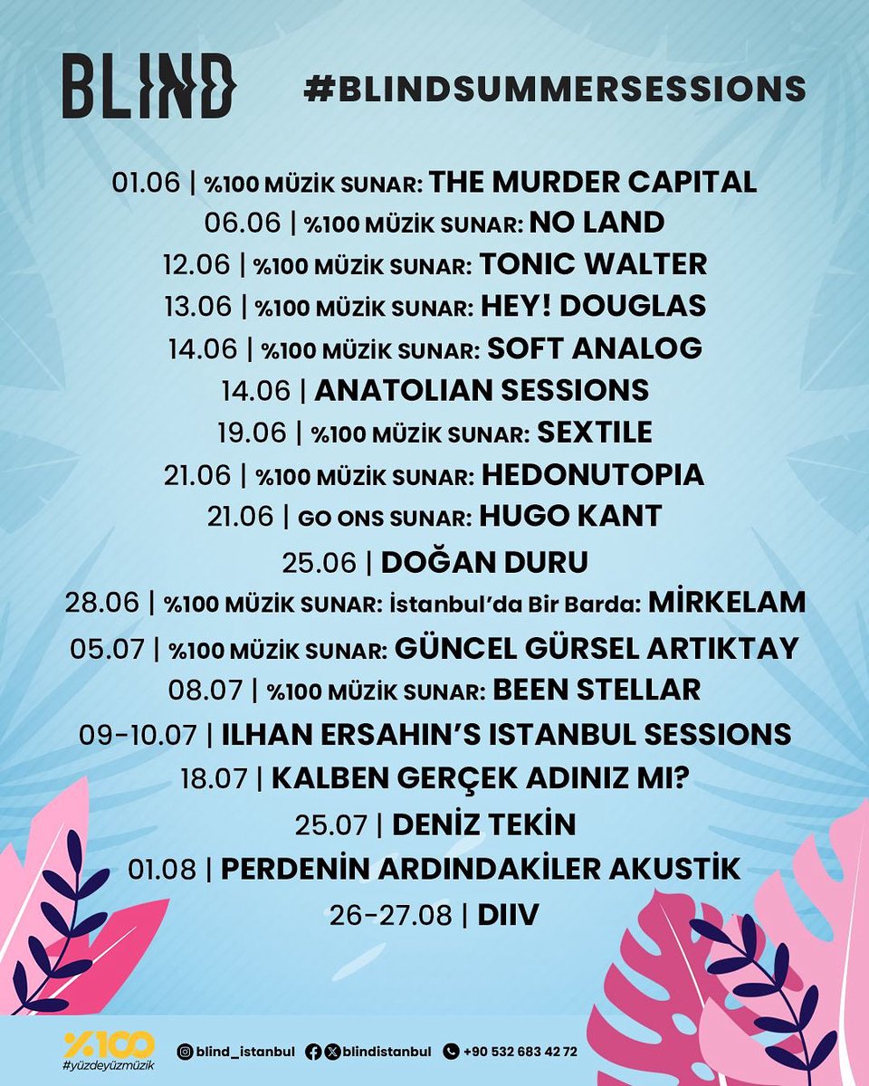 🌴 Blind’da yaz geceleri müzikle aydınlanıyor🌙🔥

The Murder Capital’ın çarpıcı sahne şovu, Sextile’ın dansa davet eden tınıları, İlhan Erşahin’in cazın derinliklerine yolculuğu, Kalben’in içten performansı ve daha niceleriyle Blind Summer Sessions’la yazı karşılıyoruz🫶