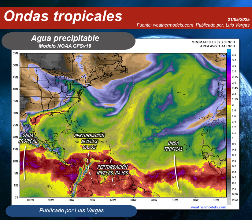 #21May Situación actual de las perturbaciones y la primera onda tropical de la temporada en la Región de Desarrollo Principal del Atlántico-Caribe:

▶️Perturbaciones de capas bajas en el occidente y sur de Venezuela que interactúan con la Vaguada Monzónica y Zona de Convergencia