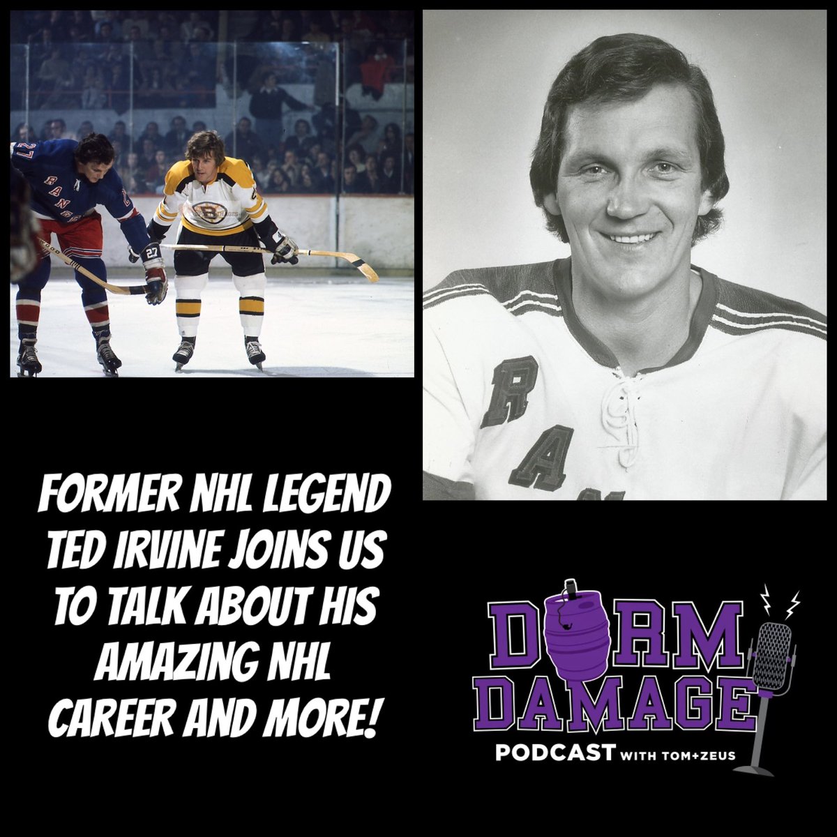 SIOLoudcast's tweet photo. 🚨NEW EPISODE! On the latest episode of Dorm Damage, we welcome former NHL legend, the great Ted Irvine!

He shares stories about his time with the @NYRangers, @NHLBruins and playing with some of the greatest hockey icons of all time!

CHECK US OUT!👇🏻 https://t.co/RmbrBZj7P1 https://t.co/XVVH2LzDsd