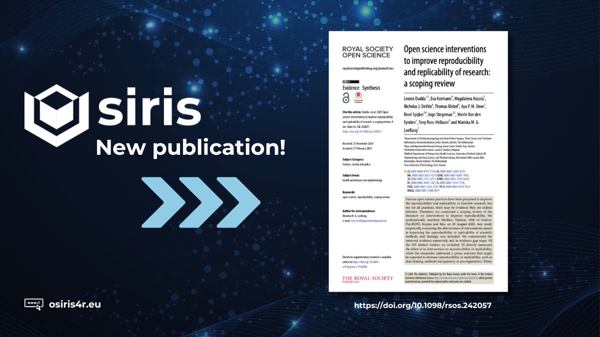 📢New #publication!
🔍Which #OpenScience practices actually improve #reproducibility? A new scoping review from #OSIRIS &amp; sister project <a href="/TIER2Project/">TIER2</a> maps 105 studies evaluating interventions... revealing a key evidence gap.
 🔗buff.ly/xmIc3Vn ; doi.org/10.1098/rsos.2…