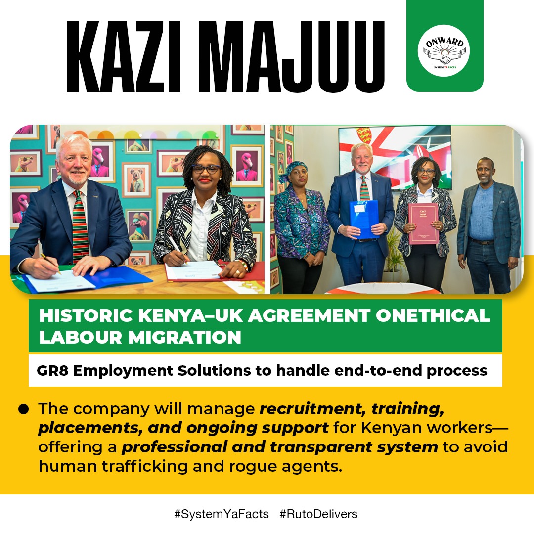 TheBoy__Wonder's tweet photo. This pact, finalized in Nairobi, is the first of its kind between the two nations and marks a significant step in addressing labour shortages in the UK while creating job opportunities for skilled Kenyan workers.
#kazimajuu https://t.co/6PbuUBm0rJ