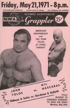HarryHaris48861's tweet photo. May 21, 1971 - Golden Greek John Tolos vs. Mil Mascaras main event the pro wrestling card at the Olympic Auditorium in Los Angeles, California, USA. #JohnTolos #GoldenGreek #MilMascaras #prowrestling #OlympicAuditorium https://t.co/0jhw7UCykt